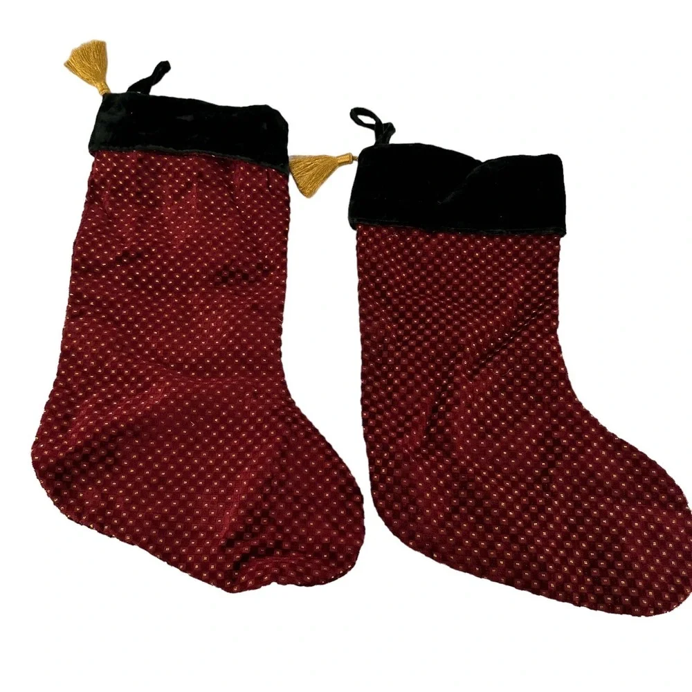 2 Red & Green Velvety Christmas Stocking Gold Tassel Holiday Decor Country a